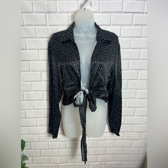 ZARA Black Polka Dot Tie-Front Blouse/size L - Picture 1 of 10